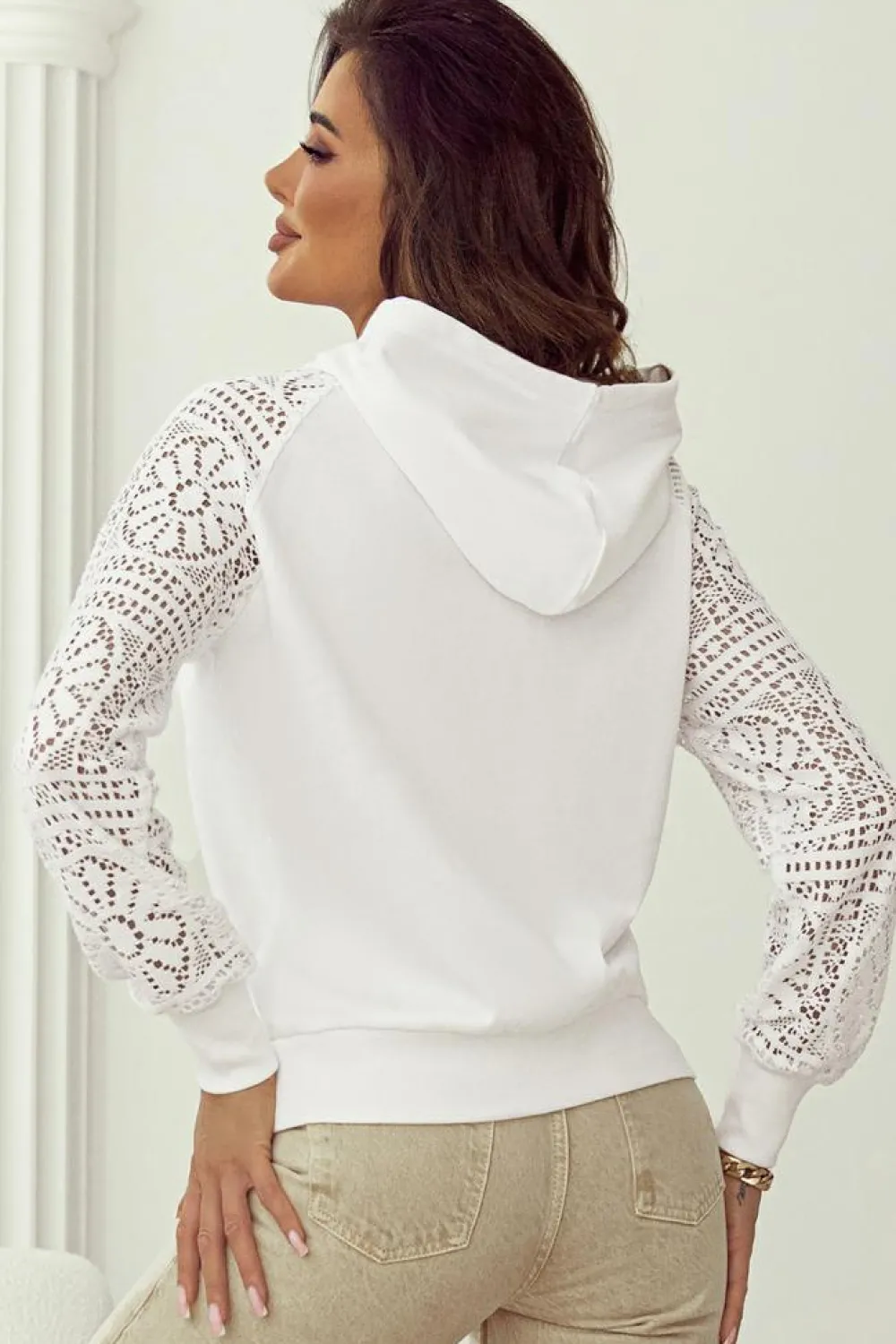 Fashion Dear-Lover Lace Patchwork Sleeve Drawstring Hoodie White