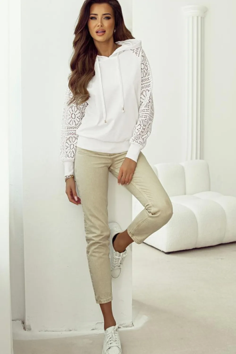 Fashion Dear-Lover Lace Patchwork Sleeve Drawstring Hoodie White