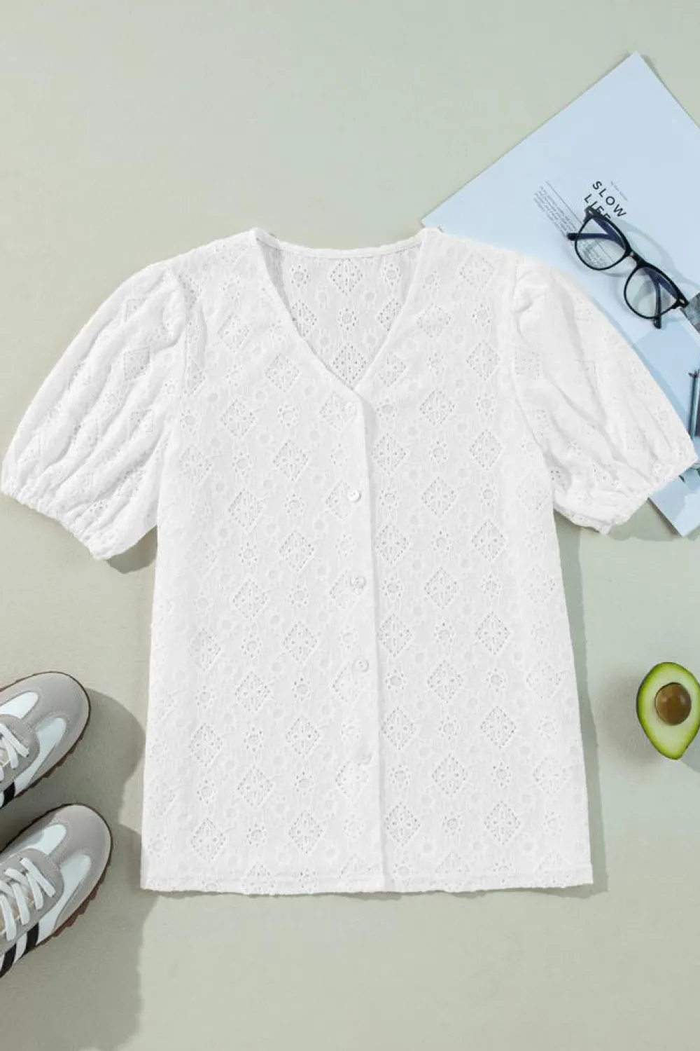 Discount Dear-Lover Lace Puff Sleeve V Neck Button Up Shirt White