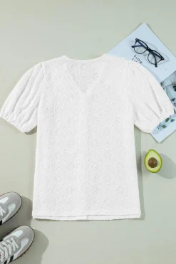 Discount Dear-Lover Lace Puff Sleeve V Neck Button Up Shirt White