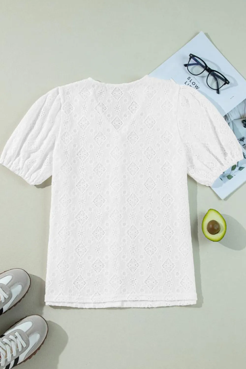 Discount Dear-Lover Lace Puff Sleeve V Neck Button Up Shirt White