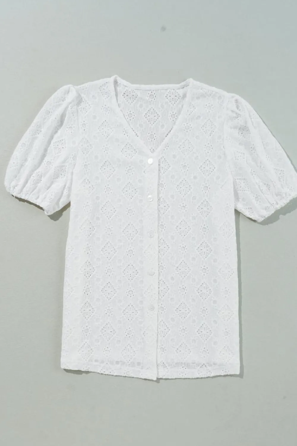 Discount Dear-Lover Lace Puff Sleeve V Neck Button Up Shirt White