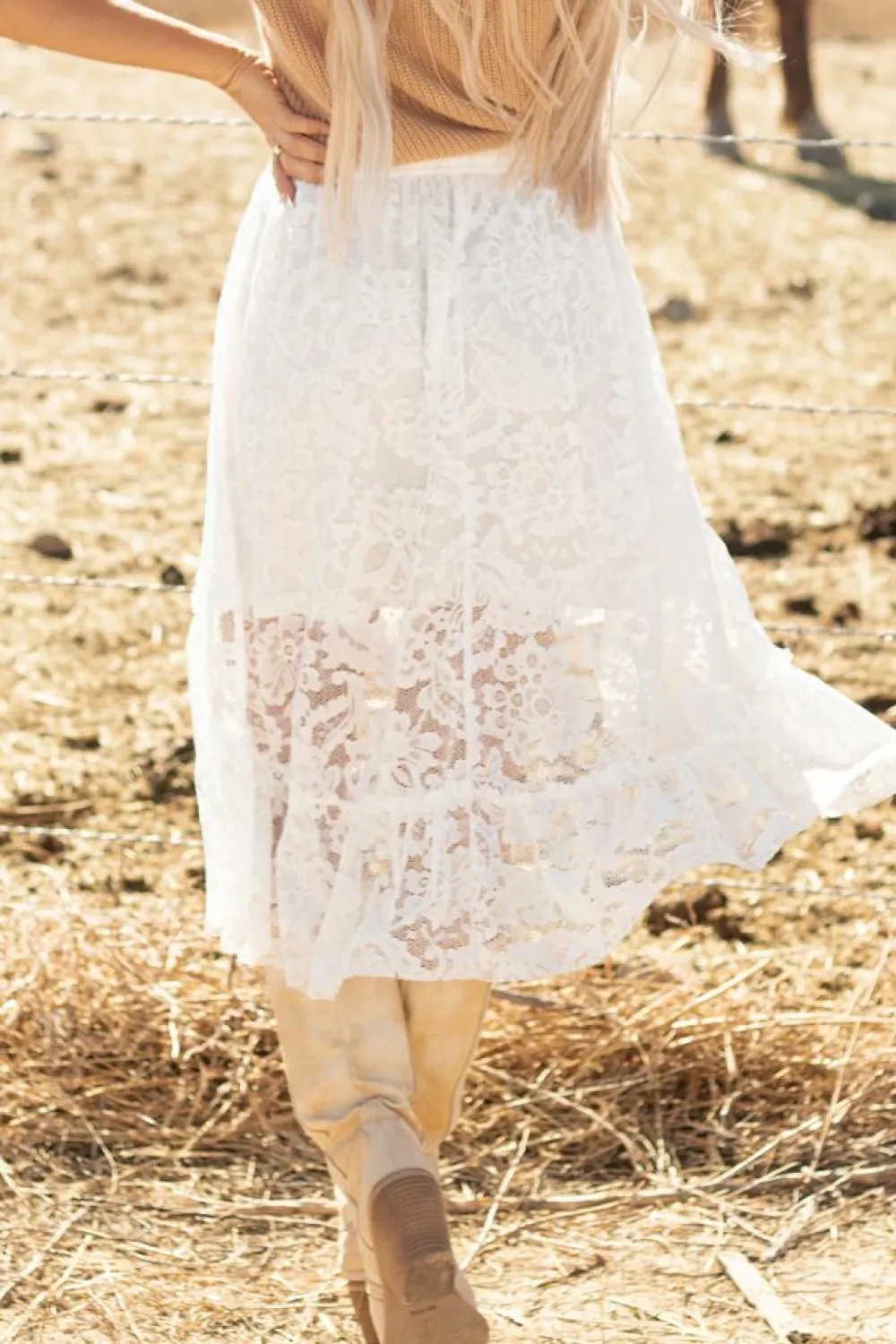 Clearance Dear-Lover Lace Ruffled High-low Hem Midi Skirt White