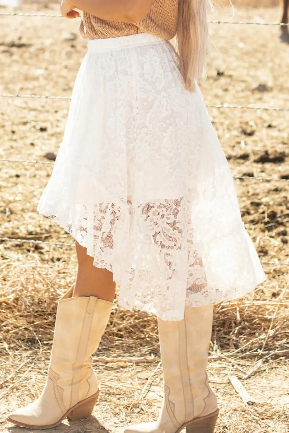 Clearance Dear-Lover Lace Ruffled High-low Hem Midi Skirt White