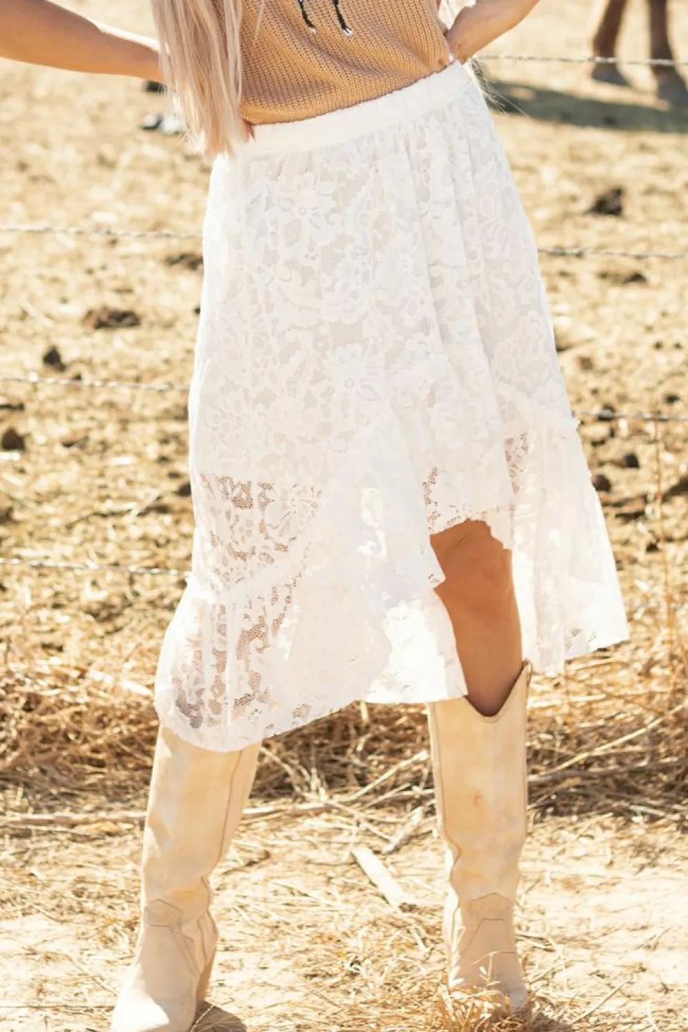 Clearance Dear-Lover Lace Ruffled High-low Hem Midi Skirt White