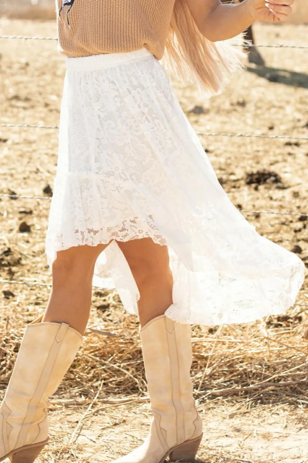 Clearance Dear-Lover Lace Ruffled High-low Hem Midi Skirt White