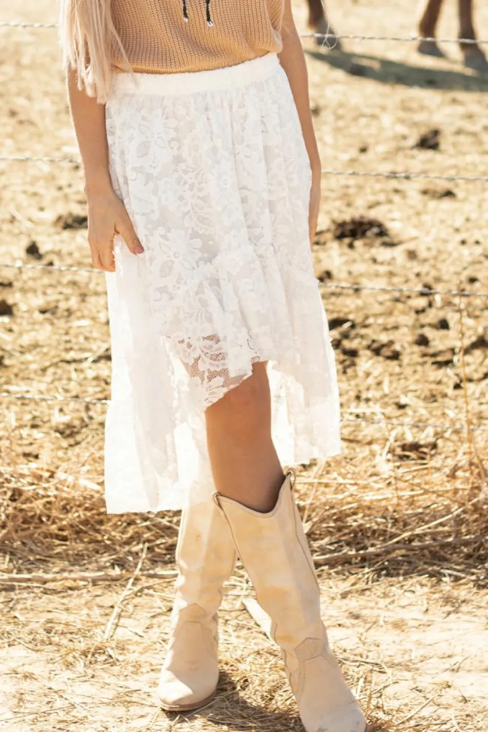 Clearance Dear-Lover Lace Ruffled High-low Hem Midi Skirt White