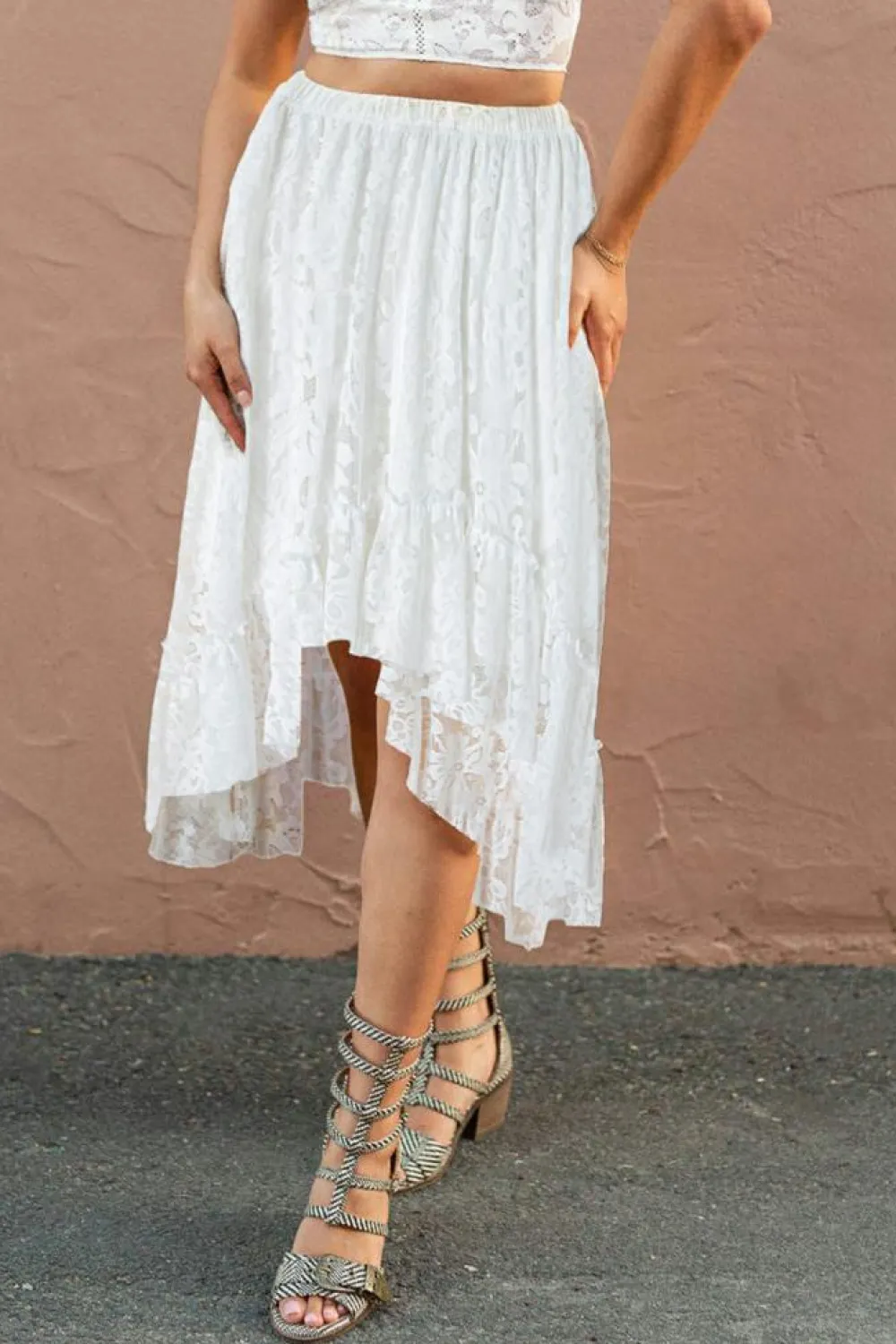 Clearance Dear-Lover Lace Ruffled High-low Hem Midi Skirt White