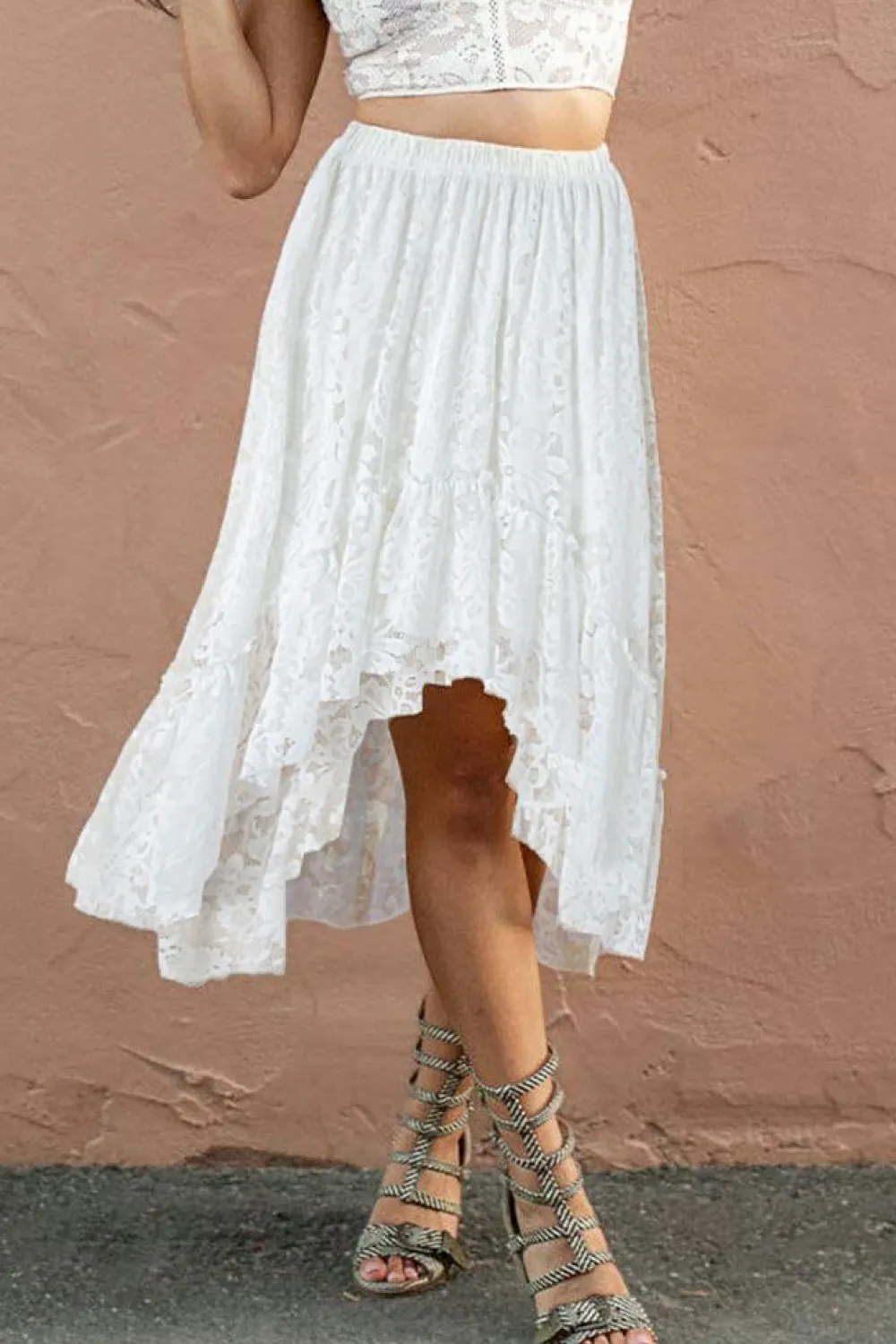 Clearance Dear-Lover Lace Ruffled High-low Hem Midi Skirt White