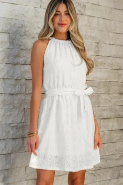 Online Dear-Lover Lace Sleeveless Knot Hollow Out Back Tied Waist Mini Dress White