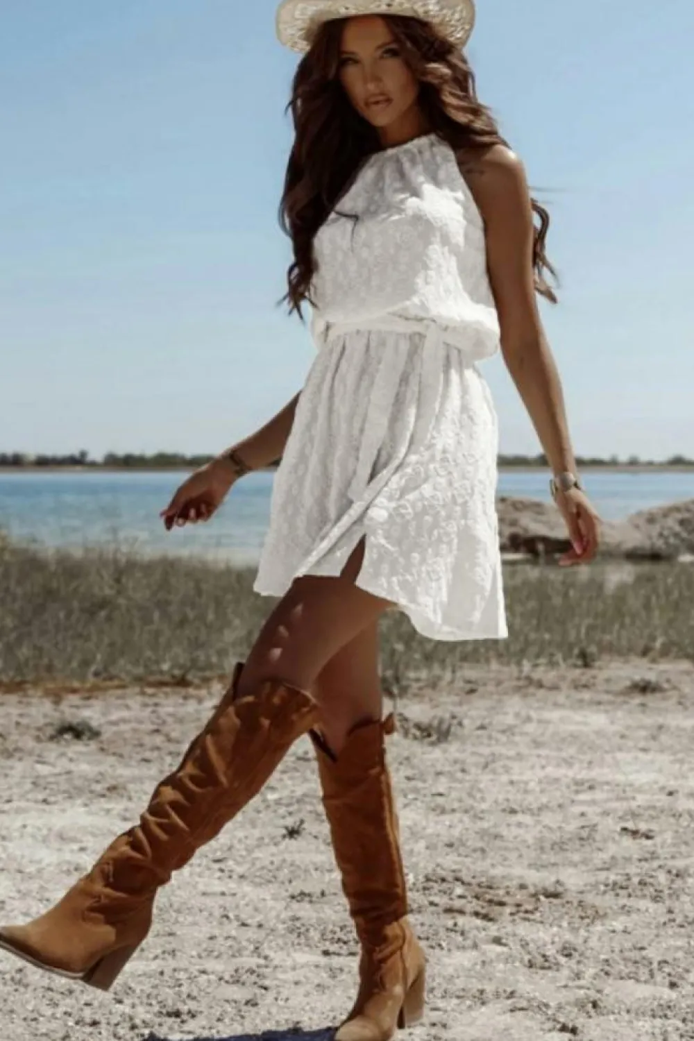 Online Dear-Lover Lace Sleeveless Knot Hollow Out Back Tied Waist Mini Dress White