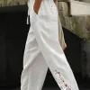 Discount Dear-Lover Lace Splicing Drawstring Casual Cotton Pants White