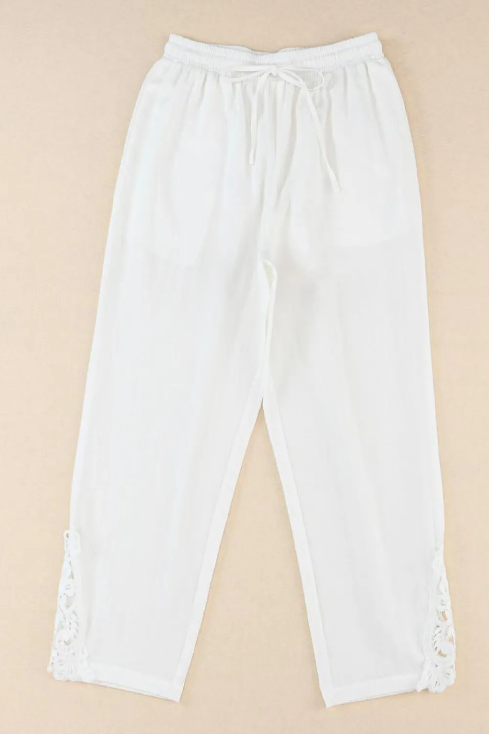 Discount Dear-Lover Lace Splicing Drawstring Casual Cotton Pants White