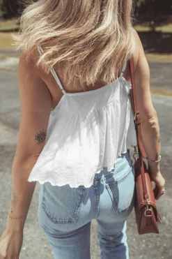 New Dear-Lover Lace Splicing Spaghetti Straps Ruffle Flared Tank Top White