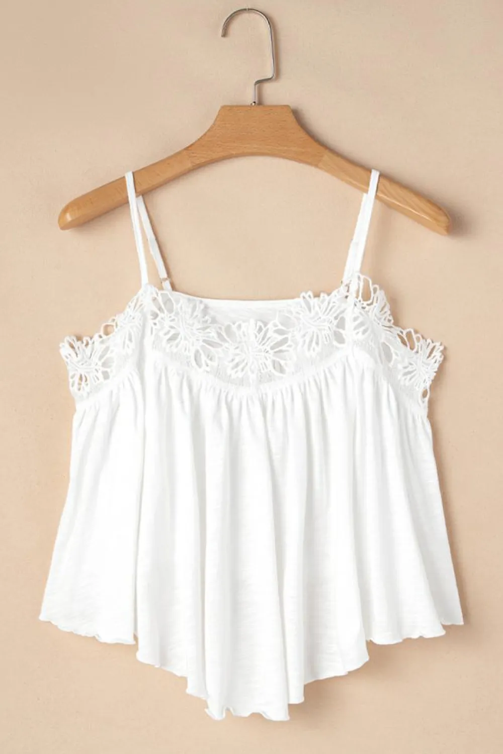 New Dear-Lover Lace Splicing Spaghetti Straps Ruffle Flared Tank Top White