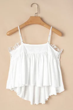 New Dear-Lover Lace Splicing Spaghetti Straps Ruffle Flared Tank Top White