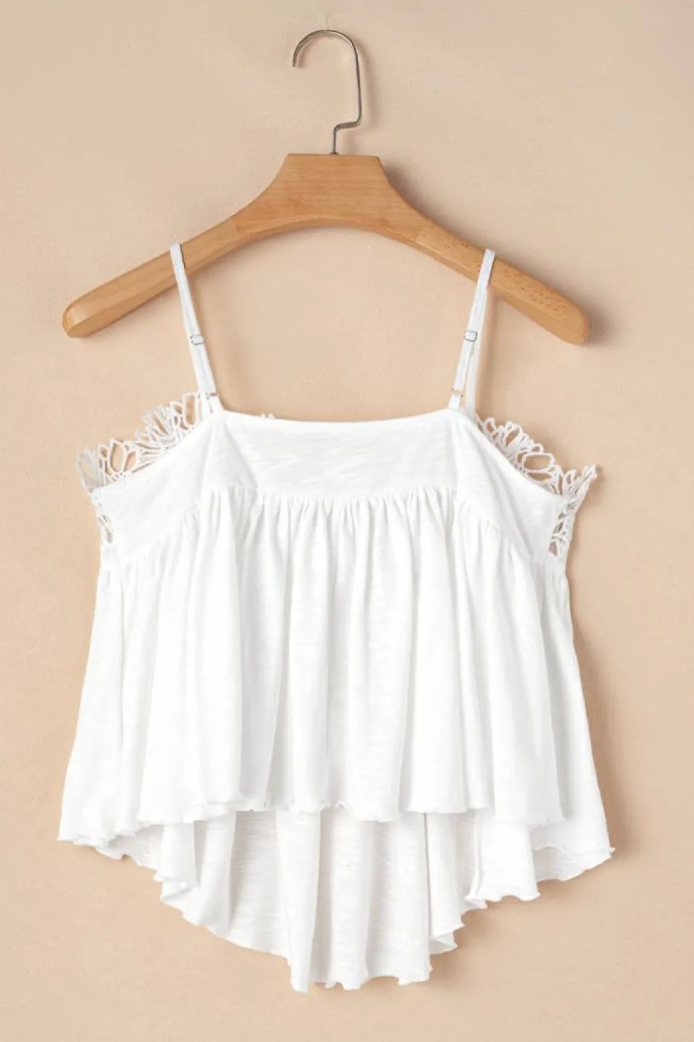 New Dear-Lover Lace Splicing Spaghetti Straps Ruffle Flared Tank Top White