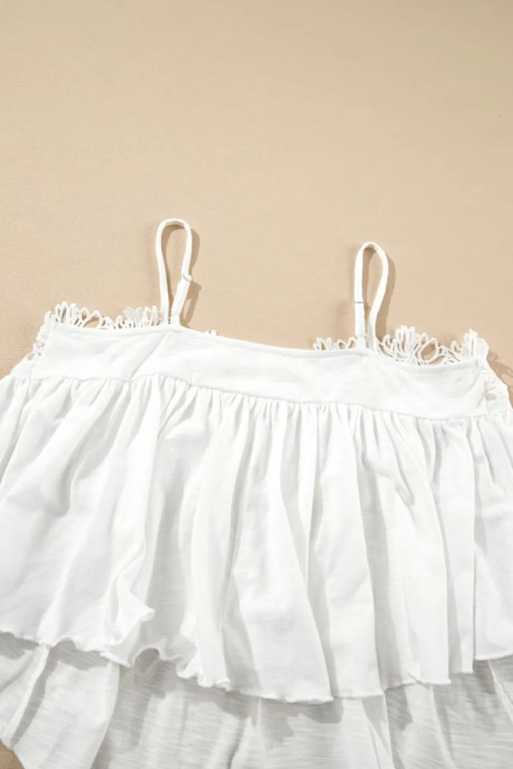New Dear-Lover Lace Splicing Spaghetti Straps Ruffle Flared Tank Top White