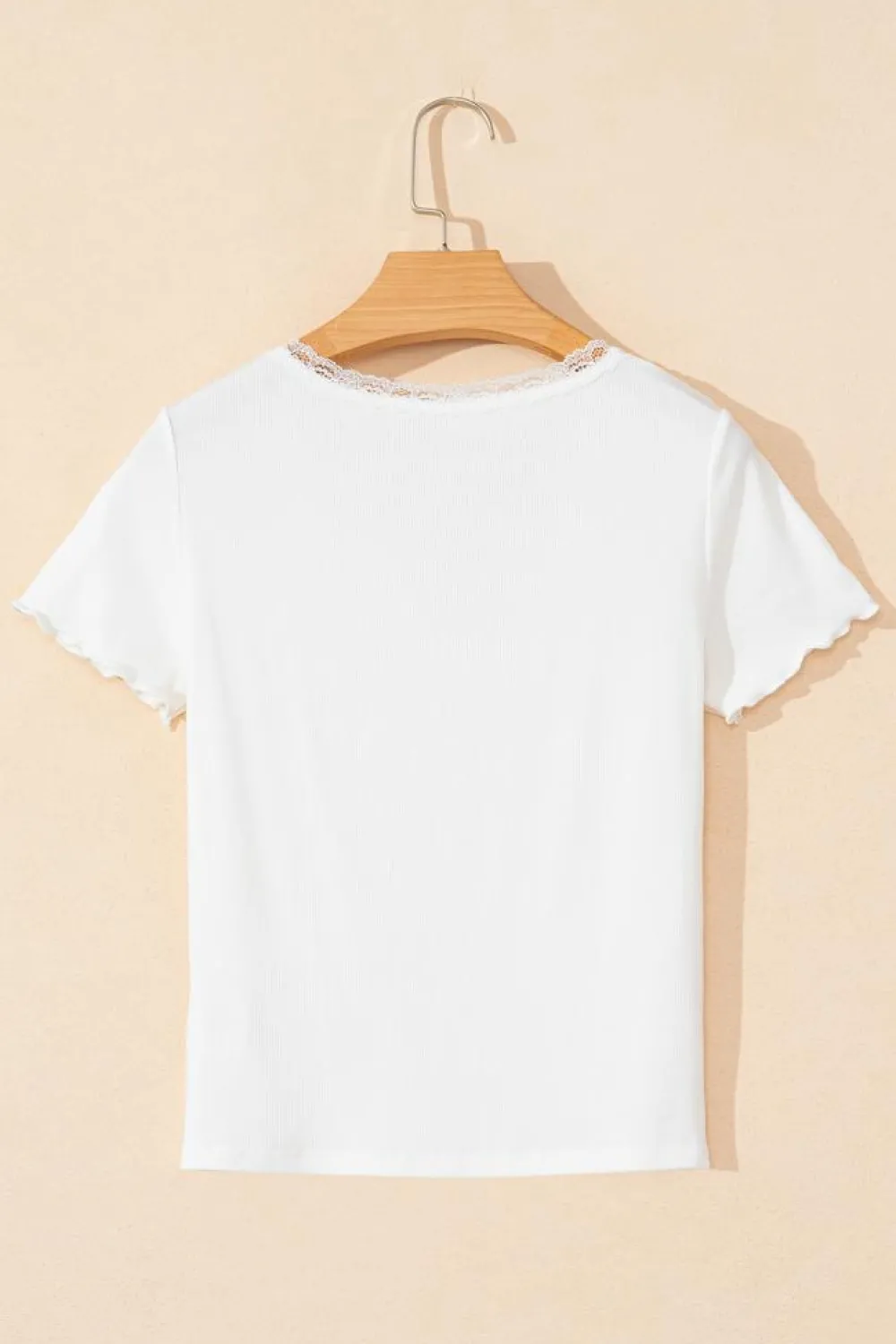 Best Dear-Lover Lace V Neckline Ribbed Slim Fit T Shirt White