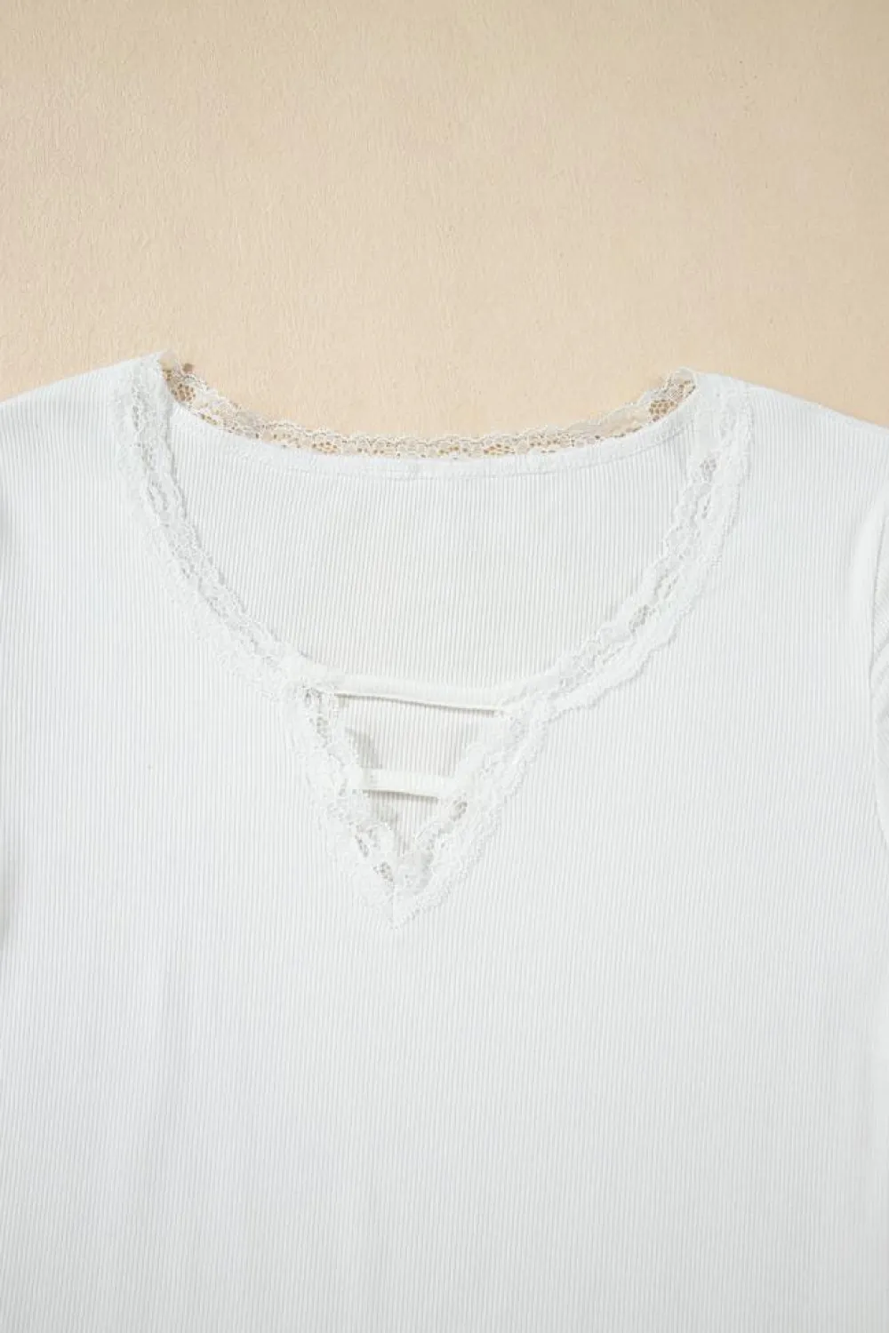 Best Dear-Lover Lace V Neckline Ribbed Slim Fit T Shirt White