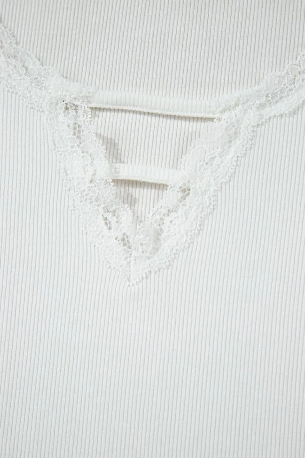 Best Dear-Lover Lace V Neckline Ribbed Slim Fit T Shirt White