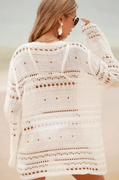Outlet Dear-Lover Lace-up V Neck Hollow Out Knitted Long Sleeve Cover Up White