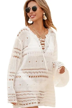Outlet Dear-Lover Lace-up V Neck Hollow Out Knitted Long Sleeve Cover Up White