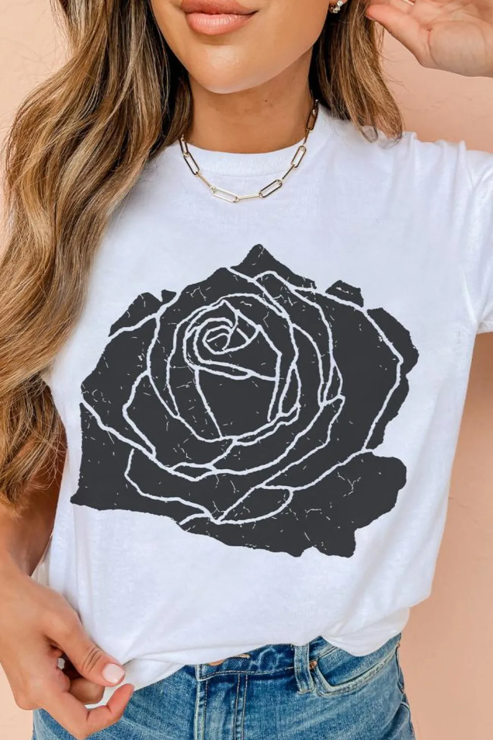 Fashion Dear-Lover Large Rose Print Round Neck T Shirt White