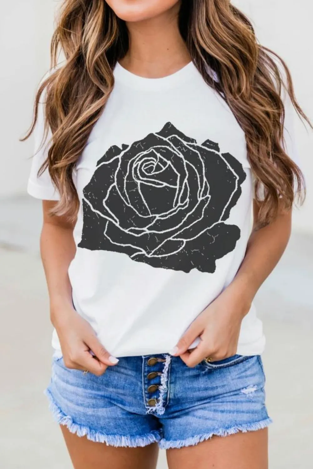 Fashion Dear-Lover Large Rose Print Round Neck T Shirt White