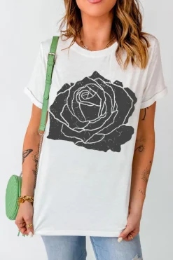 Fashion Dear-Lover Large Rose Print Round Neck T Shirt White