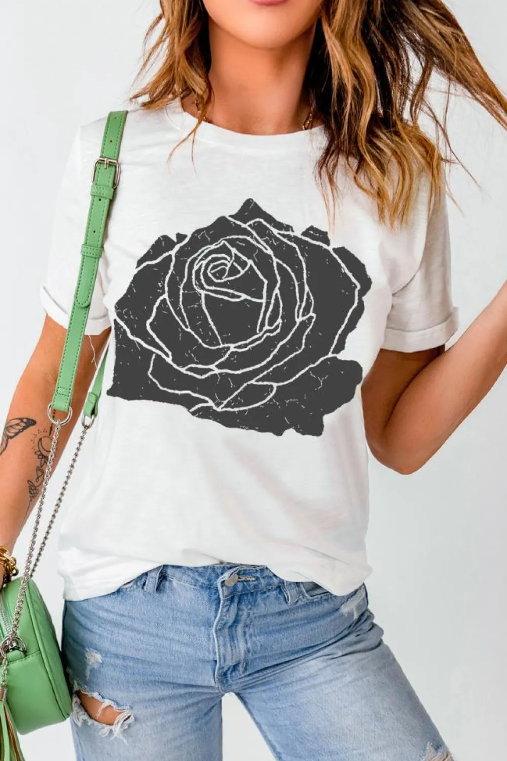 Fashion Dear-Lover Large Rose Print Round Neck T Shirt White