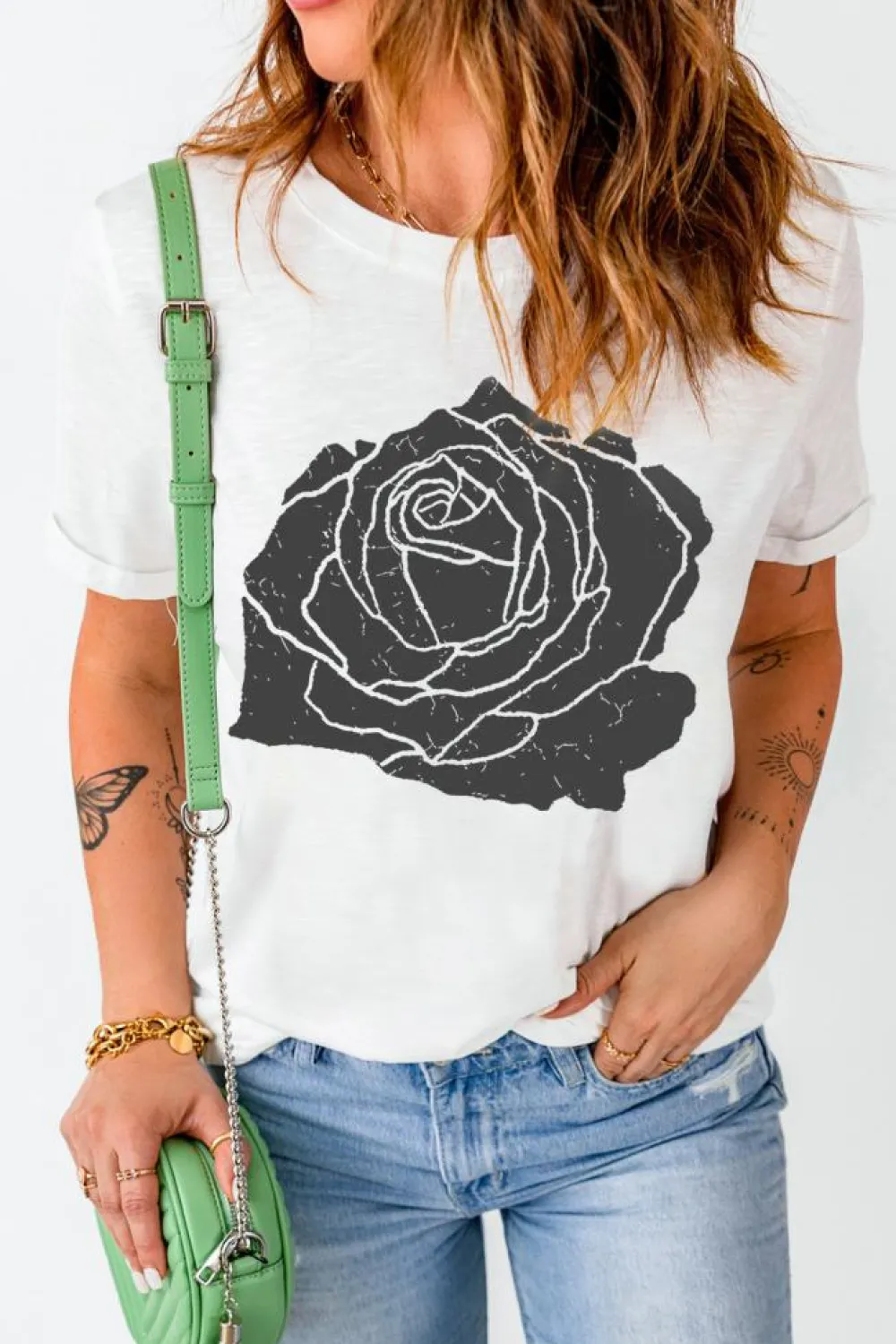 Fashion Dear-Lover Large Rose Print Round Neck T Shirt White
