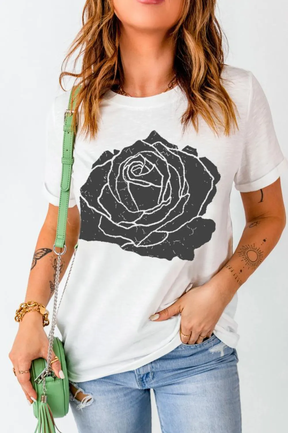 Fashion Dear-Lover Large Rose Print Round Neck T Shirt White