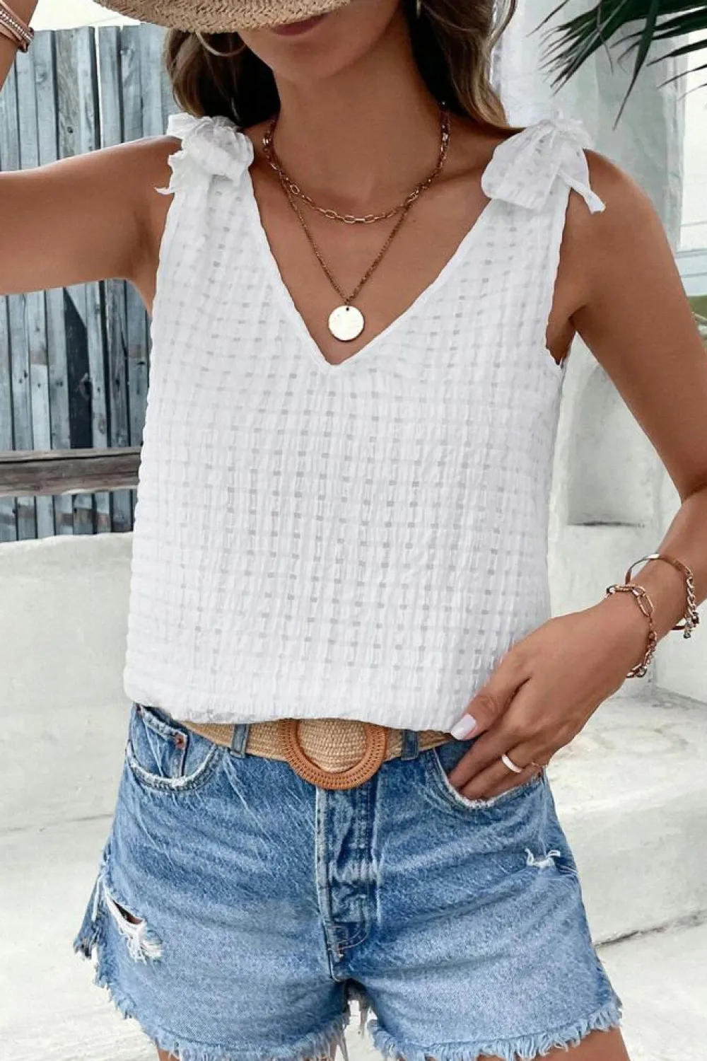 Sale Dear-Lover Lattice Texture Bowknot Shoulder V Neck Tank Top White
