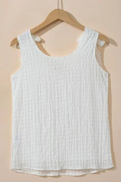 Sale Dear-Lover Lattice Texture Bowknot Shoulder V Neck Tank Top White