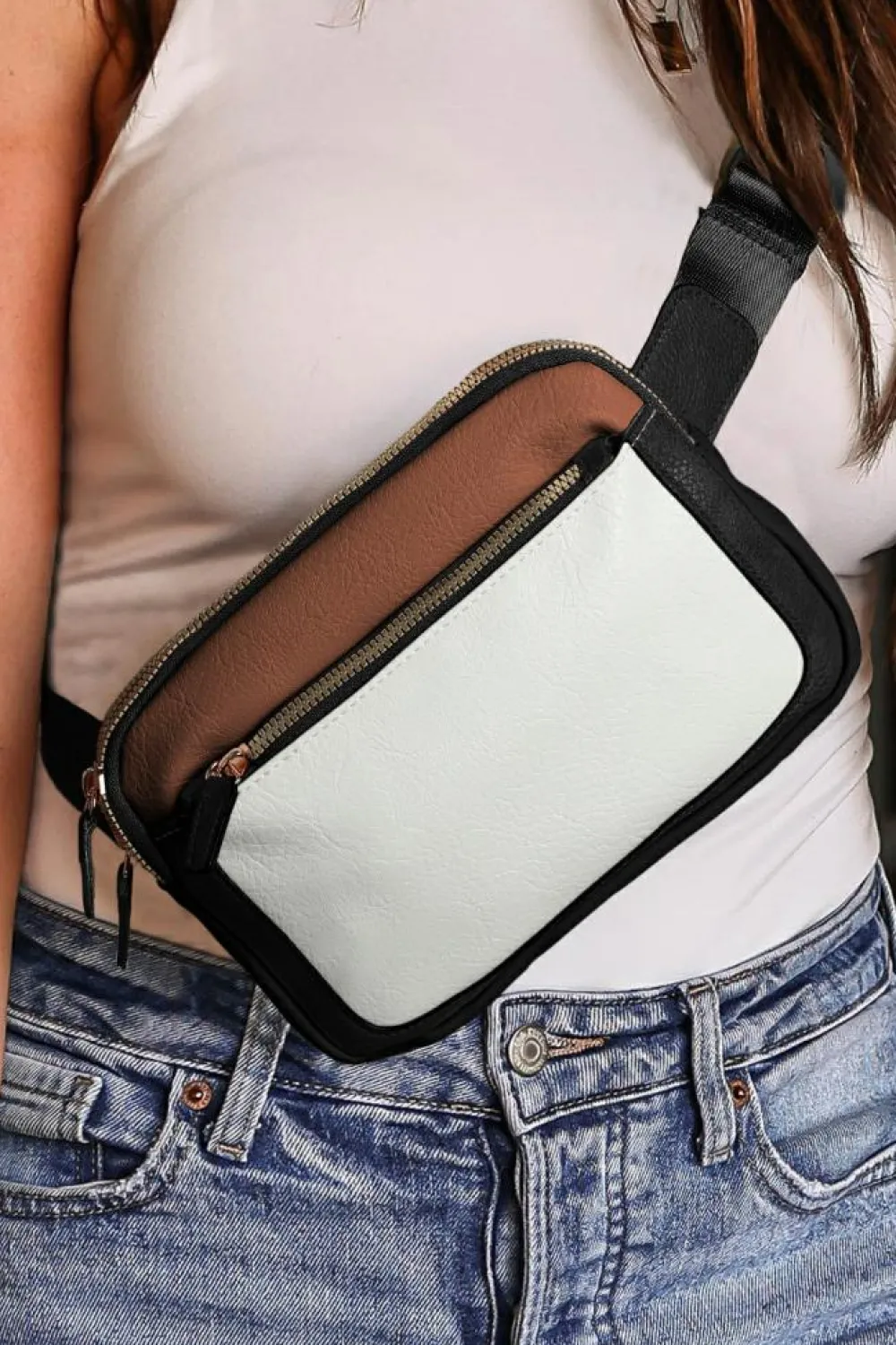 New Dear-Lover Leather Colorblock Zipped Removable Clip Crossbody Bag White