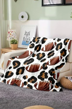 Sale Dear-Lover Leopard & Rugby Football Print Flannel Blanket White
