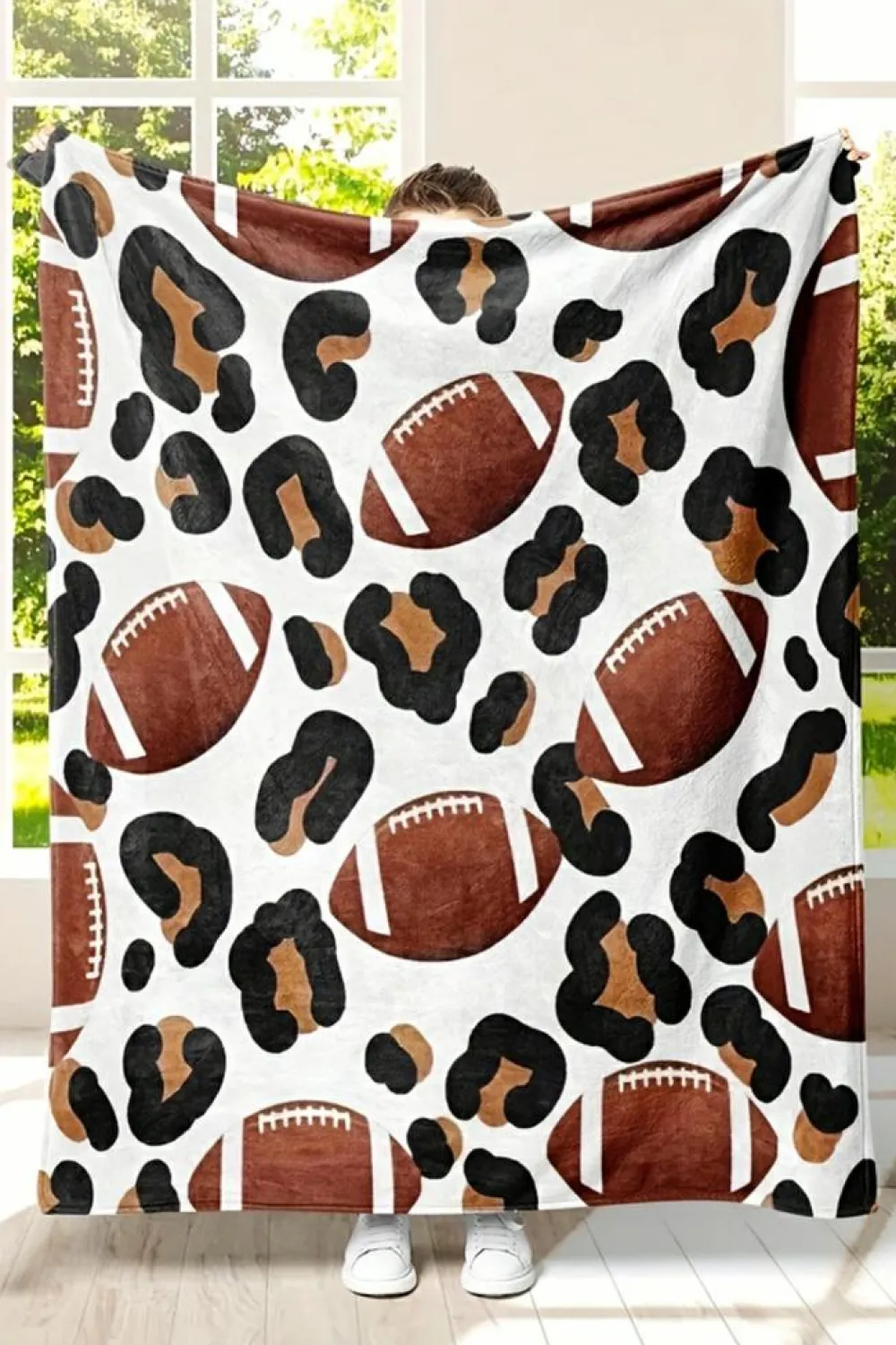 Sale Dear-Lover Leopard & Rugby Football Print Flannel Blanket White