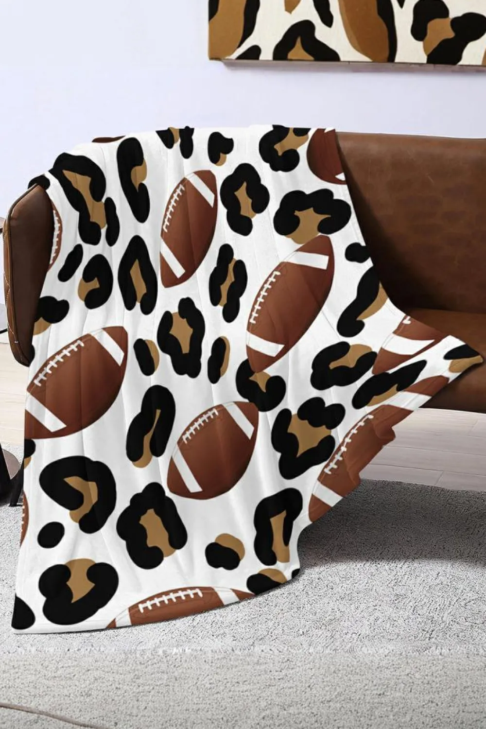 Sale Dear-Lover Leopard & Rugby Football Print Flannel Blanket White