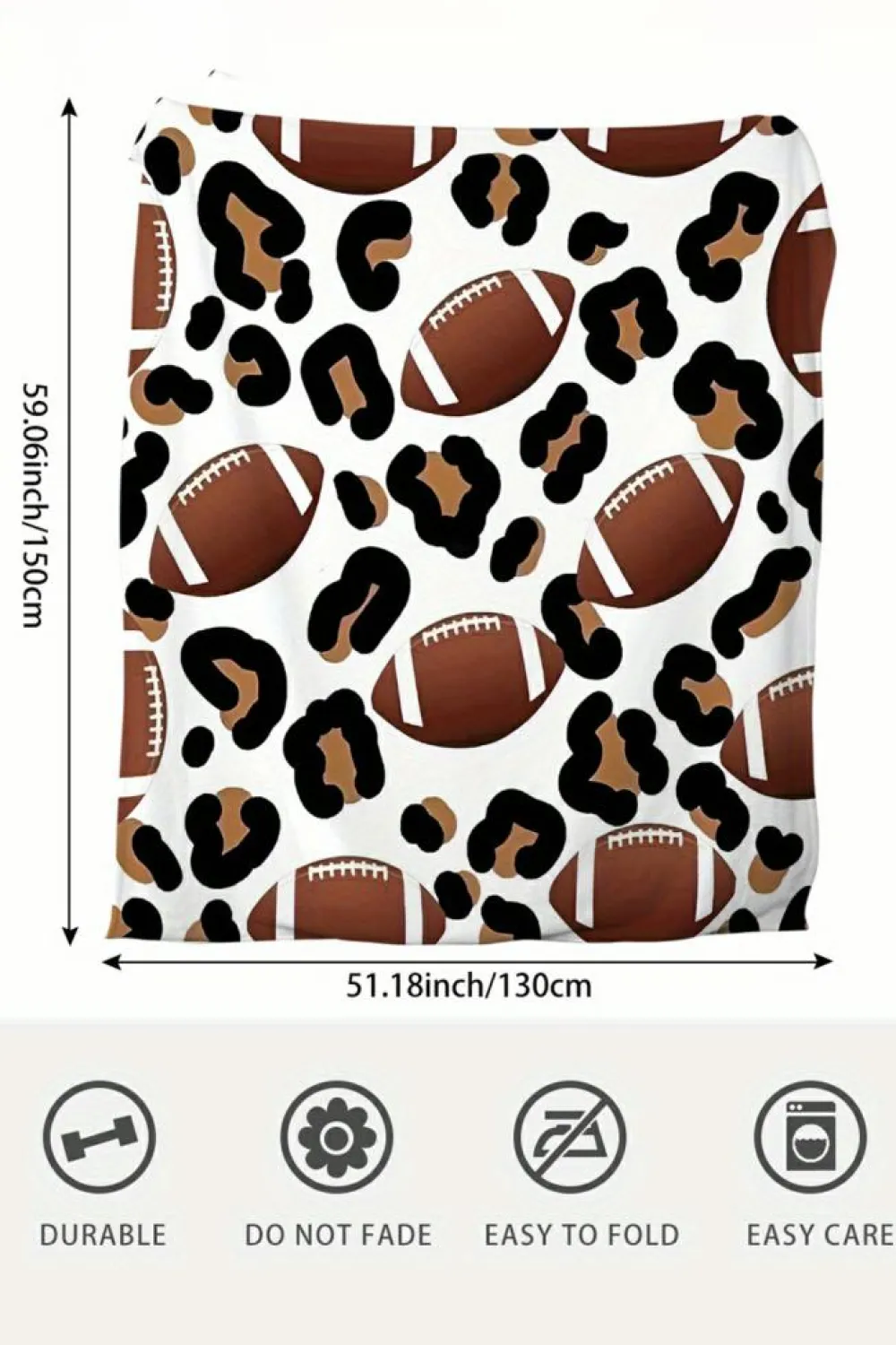 Sale Dear-Lover Leopard & Rugby Football Print Flannel Blanket White