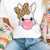 Sale Dear-Lover Leopard Bow Bubble Rabbit Graphic Tee White