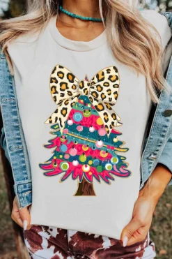 Best Dear-Lover Leopard Bow Décor Christmas Tree Graphic Crew Neck Tee White