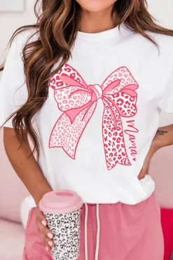 Online Dear-Lover Leopard Bow Graphic Mothers Day Fashion T Shirt White