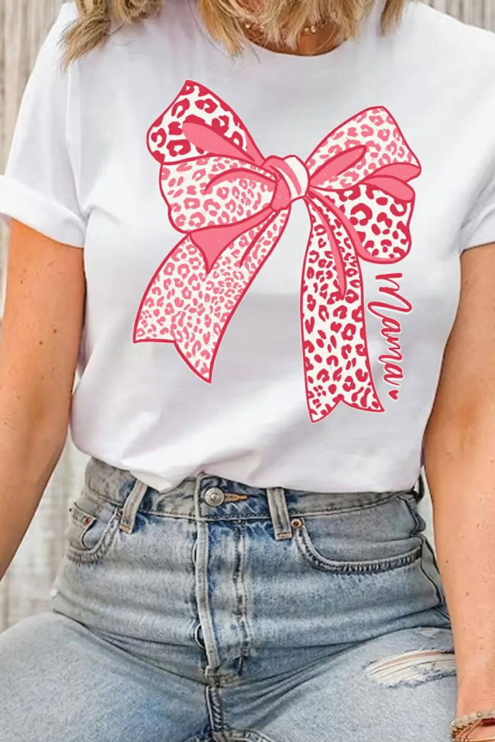 Online Dear-Lover Leopard Bow Graphic Mothers Day Fashion T Shirt White