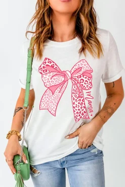Online Dear-Lover Leopard Bow Graphic Mothers Day Fashion T Shirt White