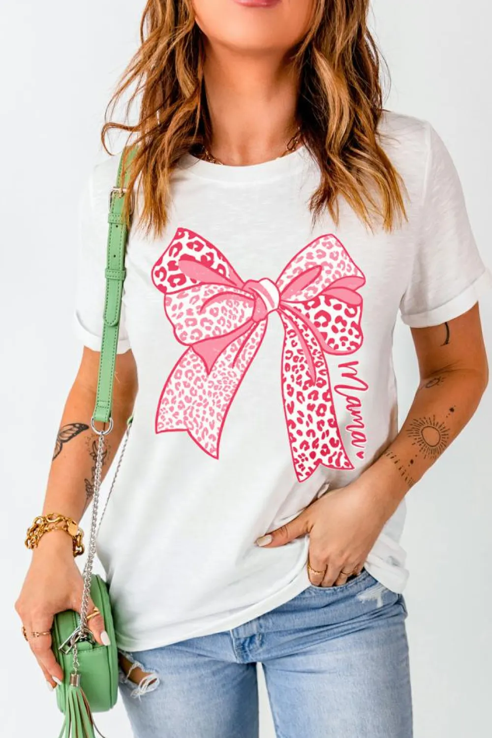 Online Dear-Lover Leopard Bow Graphic Mothers Day Fashion T Shirt White
