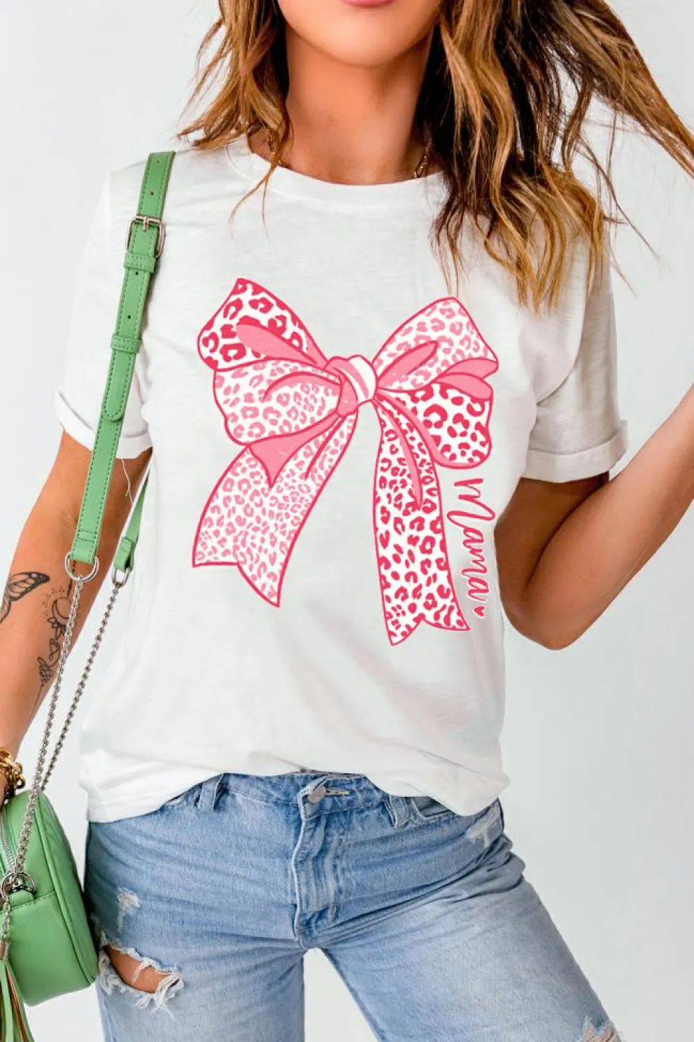 Online Dear-Lover Leopard Bow Graphic Mothers Day Fashion T Shirt White