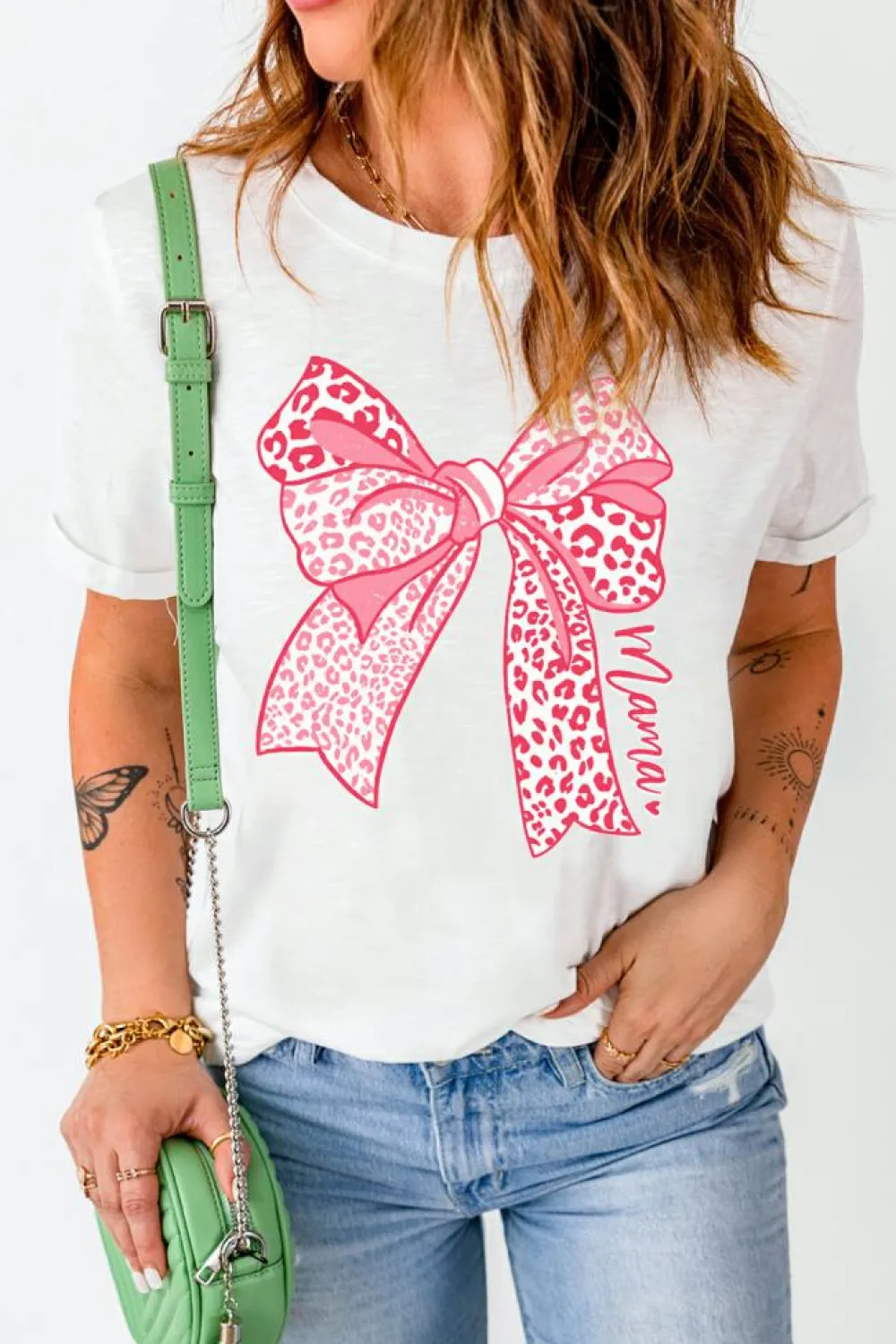 Online Dear-Lover Leopard Bow Graphic Mothers Day Fashion T Shirt White