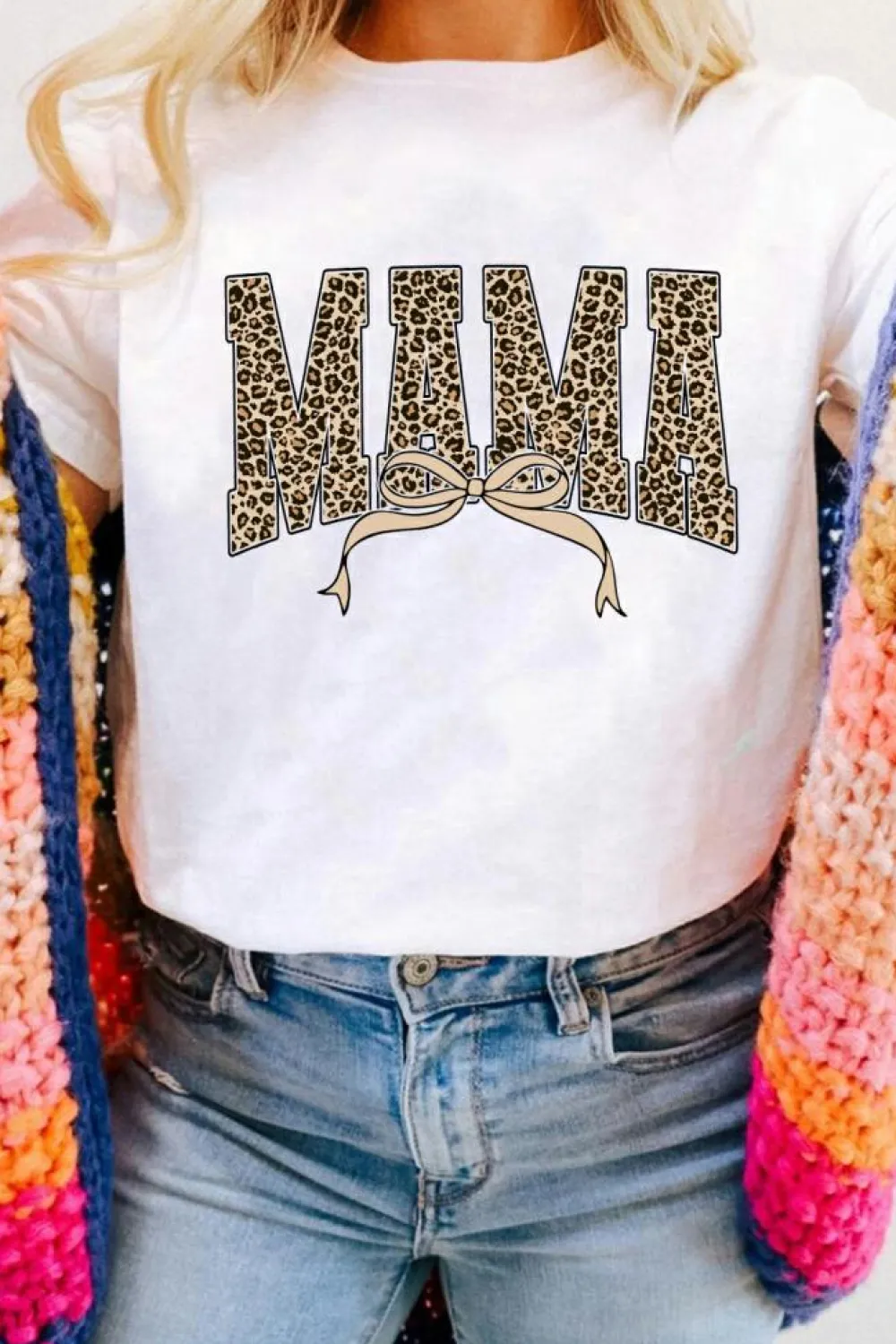 Fashion Dear-Lover Leopard Bow MAMA Graphic Crew Neck T Shirt White