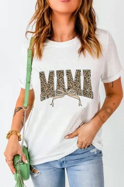 Fashion Dear-Lover Leopard Bow MAMA Graphic Crew Neck T Shirt White